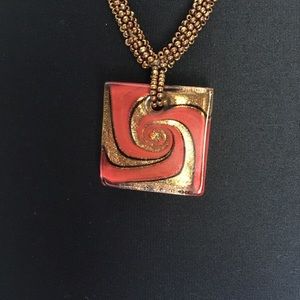 Red and gold swirl Merano glass pendant necklace